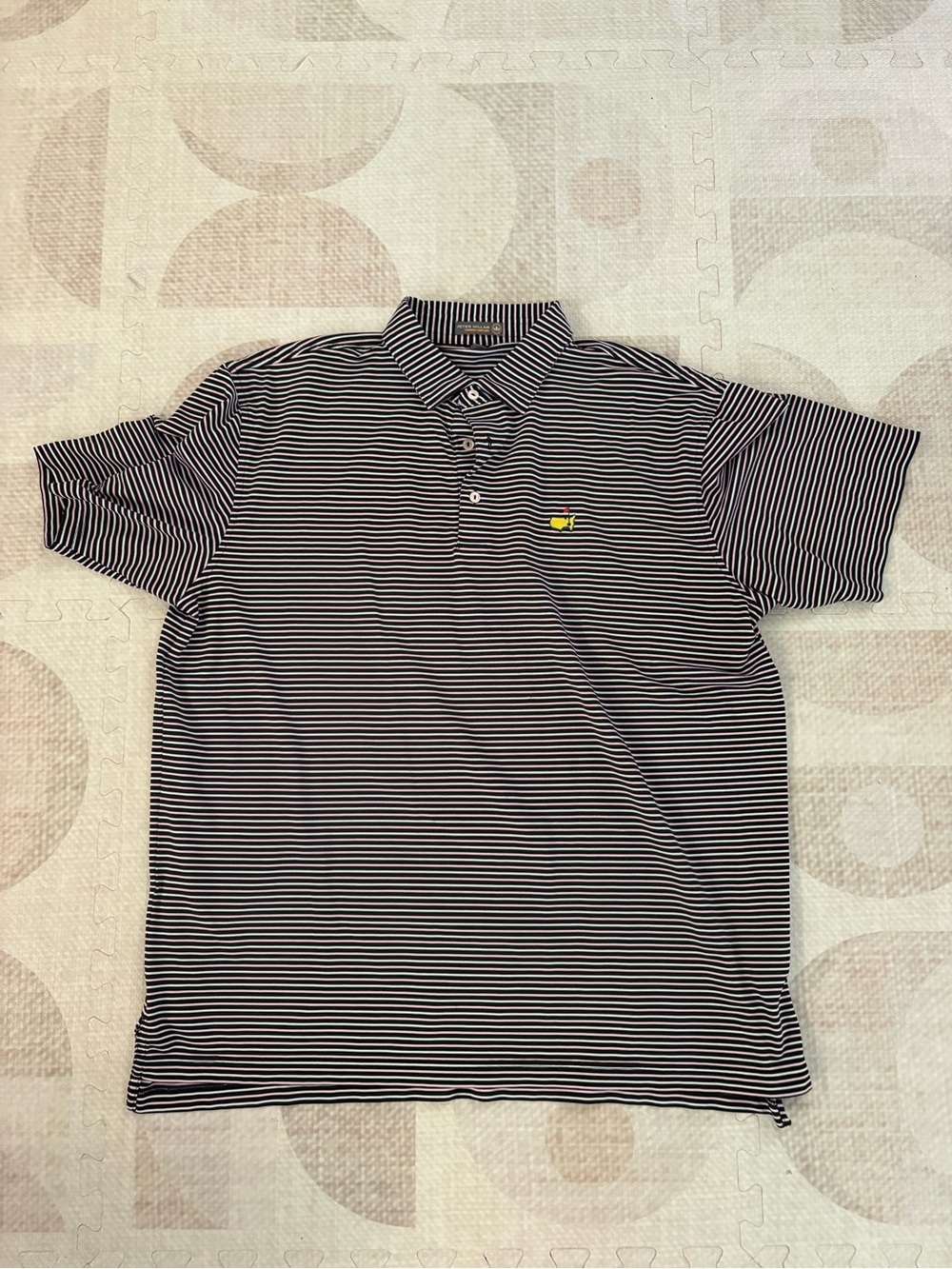 Masters - Peter Millar - Black, White, and Pink Striped Polo with Yellow Logo